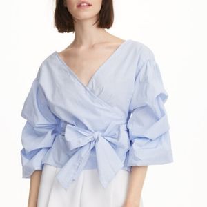 NEW YORK & COMPANY BLUE WRAPPED BLOUSE OVERSIZE BALLOON SLEEVES SELF-TIE…